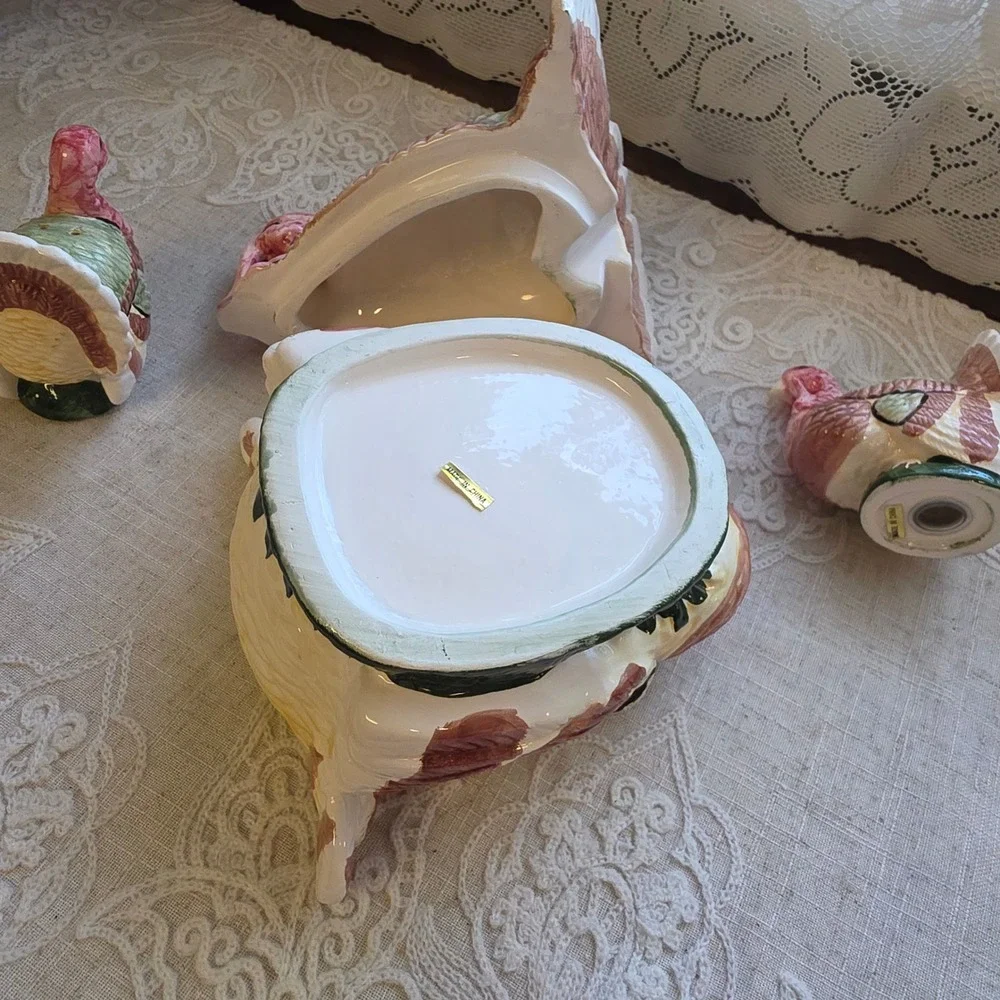 Turkey on a Nest Tableware Set, Brown Ceramic Tureen AND Salt Pepper Shakers